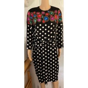VINTAGE ADRIANNA PAPELL B & W Colorful Retro Polka Dot Silk Midi Dress Size 14